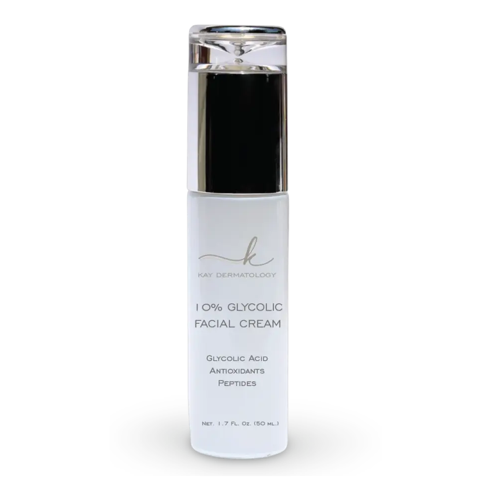 Kay Dermatology 10% Glycolic Facial Cream with glycolic acid and antioxidants.