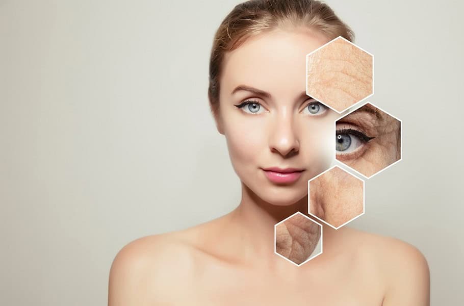 Close-up of a woman's beauty portrait with graphic elements highlighting skin conditions.