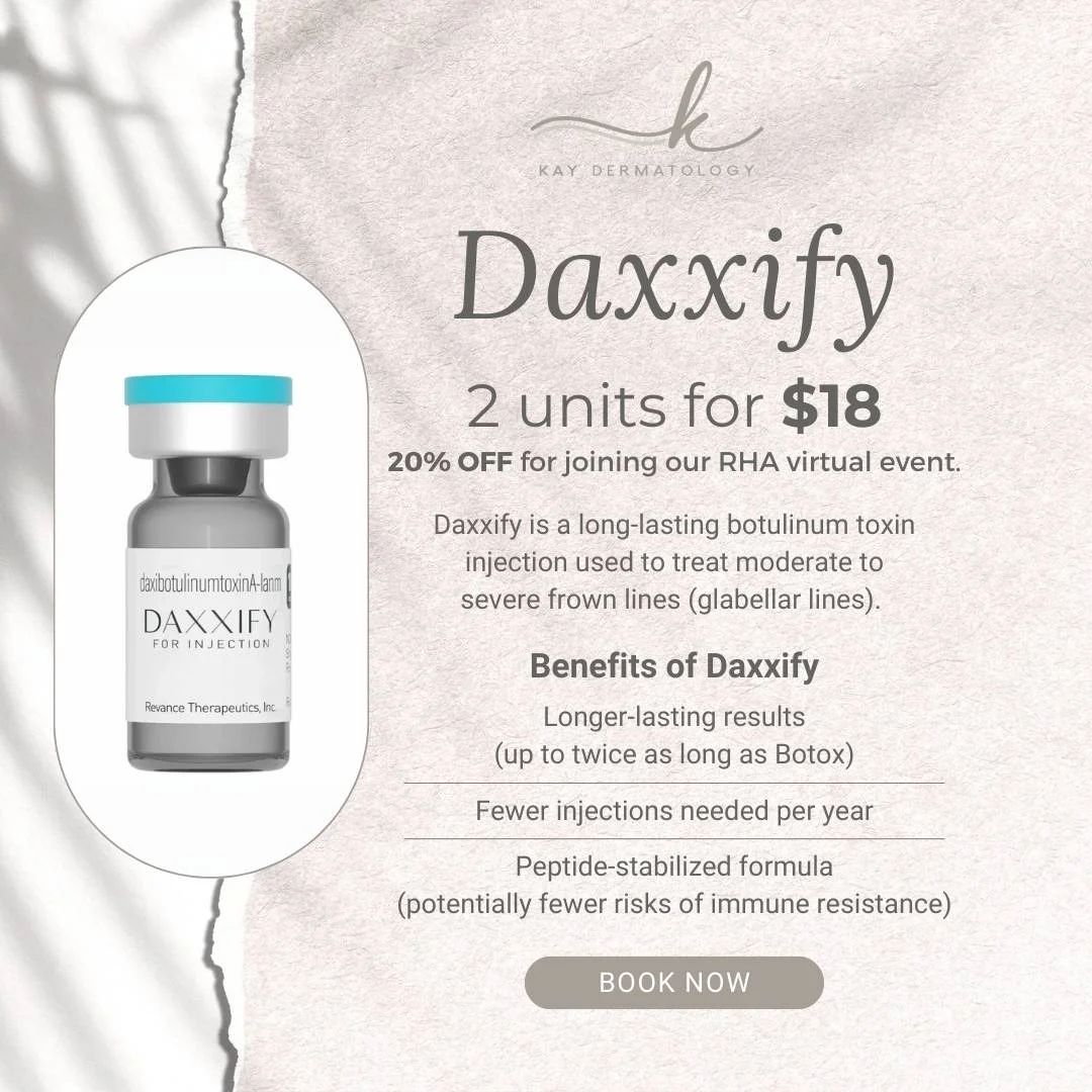 Daxxify: 2 units for $18, long-lasting treatment for glabellar lines. Book now at Kay Dermatology.