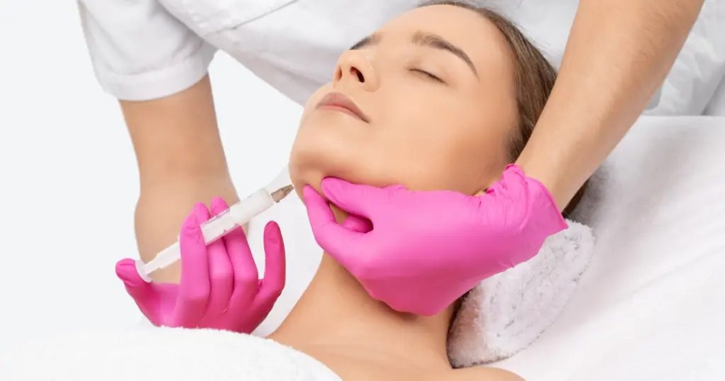Close-up of a young woman receiving a Kybella chin injection in Burbank, CA from a practitioner wearing pink gloves, lying on a white towel.
