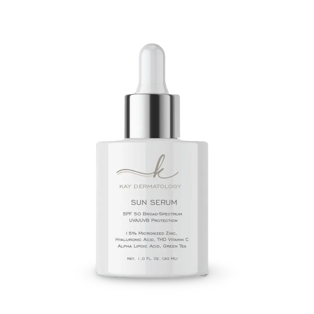 Kay Dermatology Sun Serum with SPF 50, zinc, hyaluronic acid, and green tea.